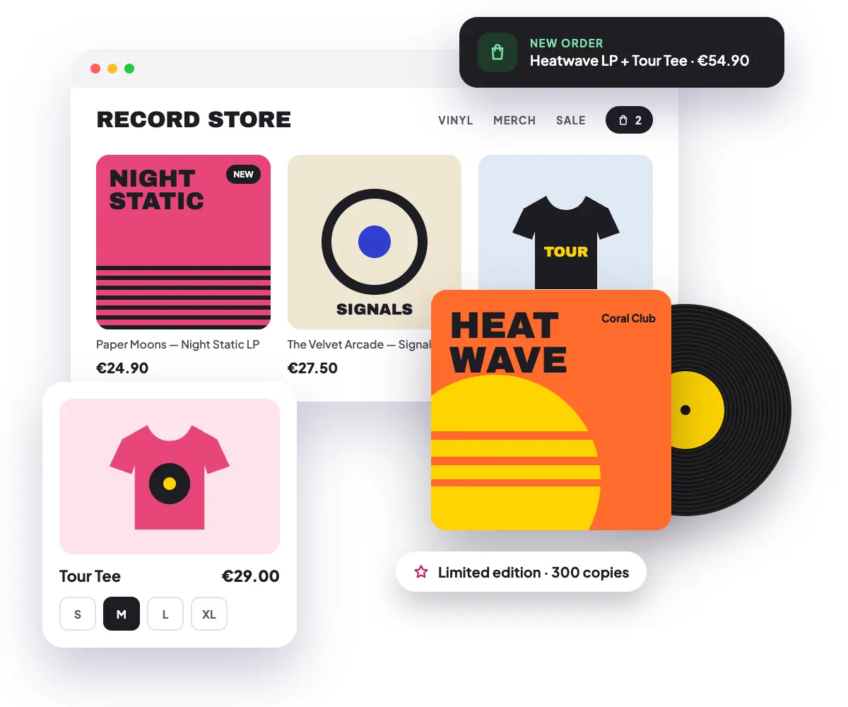 Beispiel eines Online-Merchandise-Shops für Musik mit Highlight-Kollektionen und beliebten Produkten